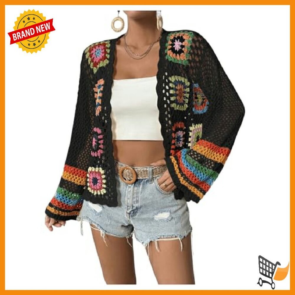 Floral Crochet Cardigan Long Sleeve Open Front Lightweight Sweater - Picture 7 of 7